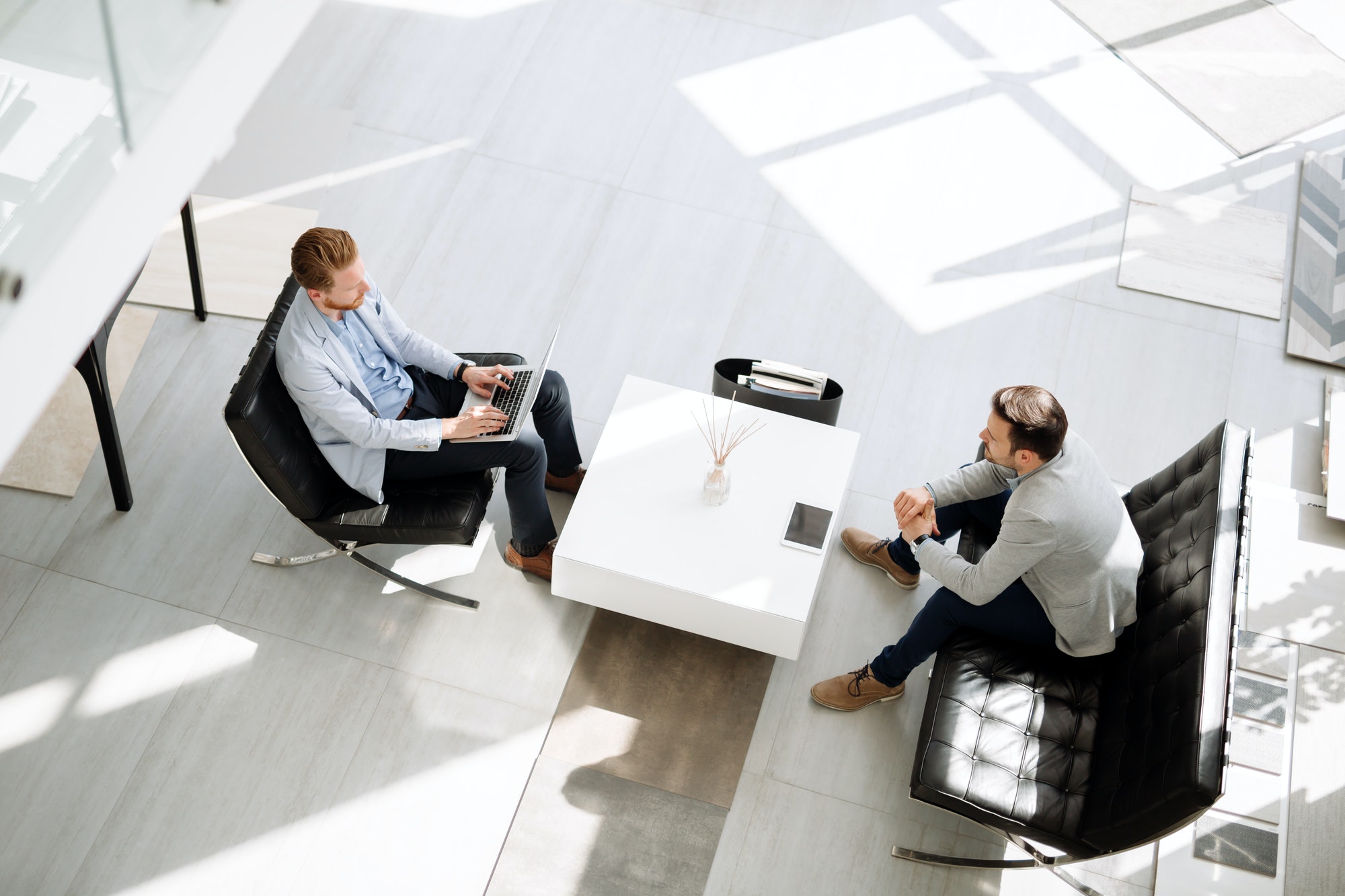 Business meeting in lobby